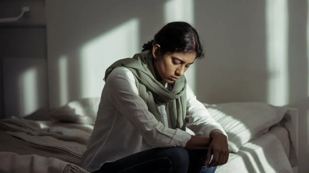 Reflective woman sitting on a bed in a softly lit room, conveying introspection and subtle anxiety.