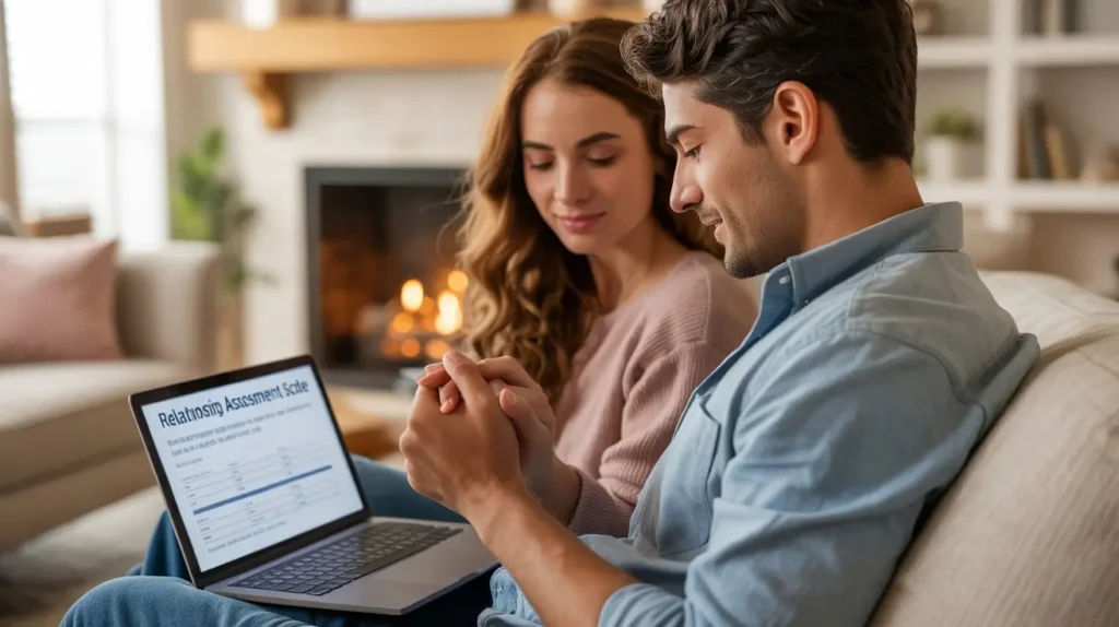 Close-up of a couple holding hands with a laptop screen showing ‘Relationship Assessment Scale’ results, warm home interior behind them.