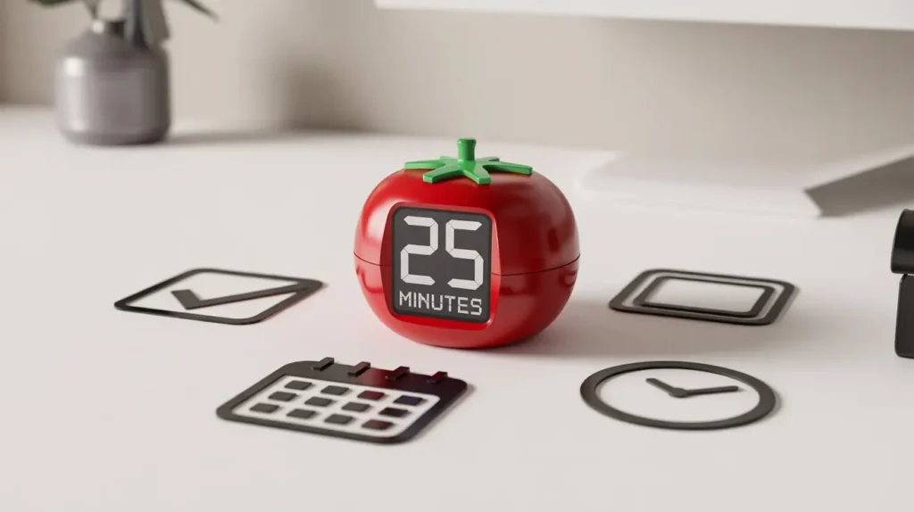 stylized tomato-shaped timer showing 25 minutes, surrounded by productivity icons like checkmarks, calendar, and clock symbols. Clean vector style with vibrant red and green colors.