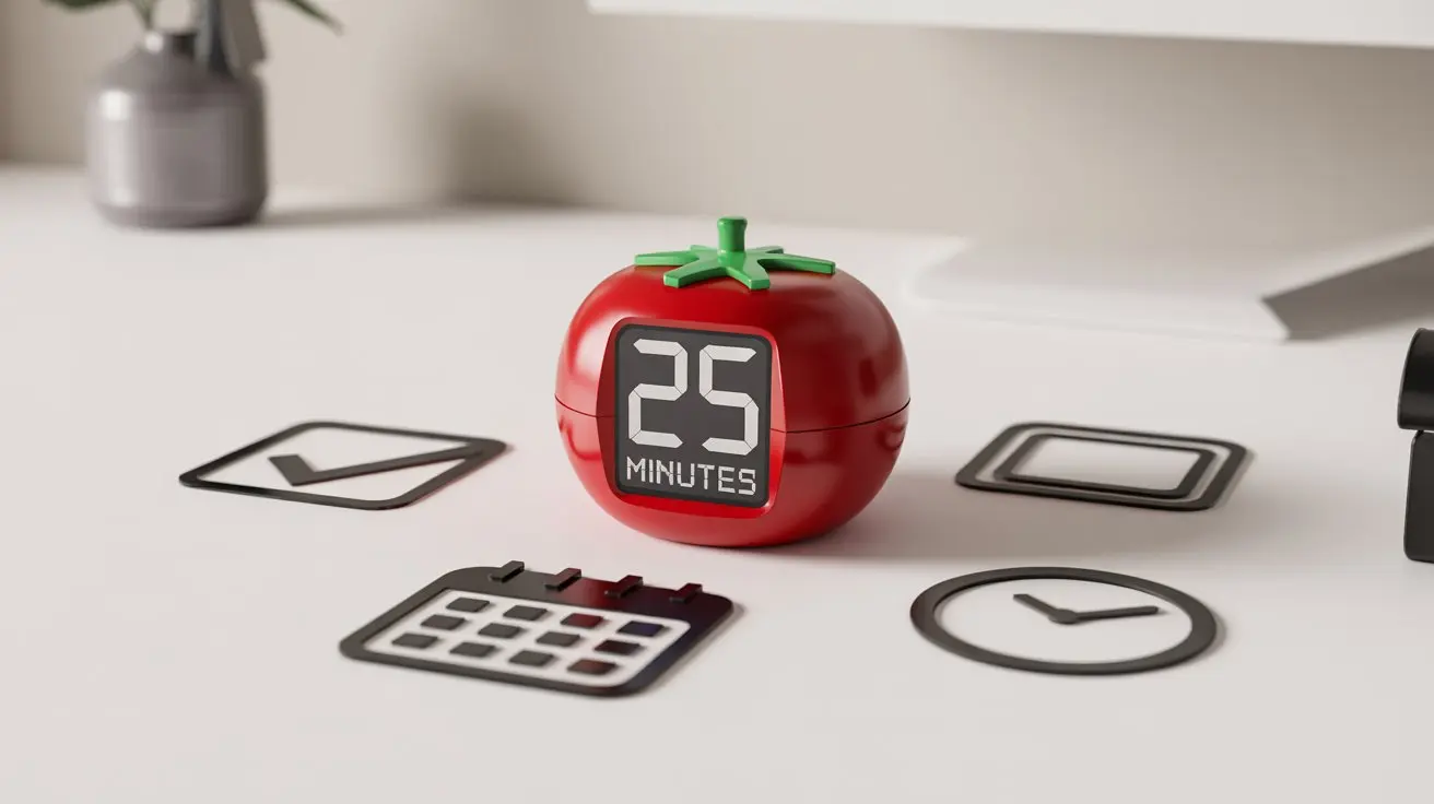 stylized tomato-shaped timer showing 25 minutes, surrounded by productivity icons like checkmarks, calendar, and clock symbols. Clean vector style with vibrant red and green colors.