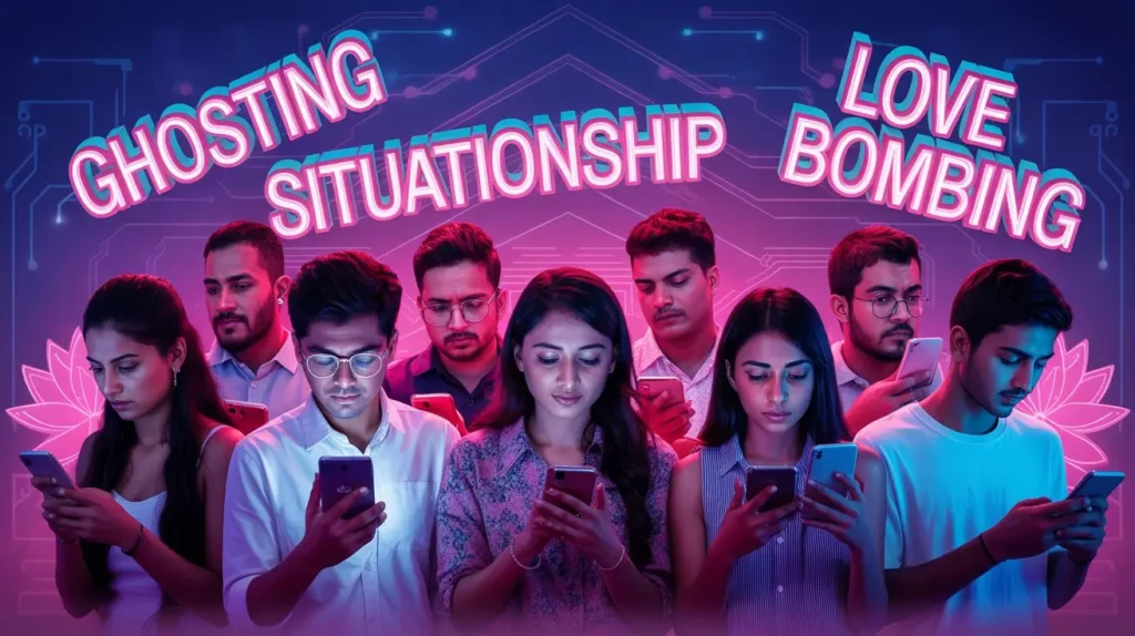 A vibrant, neon‑lit collage of Indian Gen Z faces on smartphones, surrounded by floating terms like ‘ghosting’, ‘situationship’, and ‘love bombing’ in graffiti‑style typography. less