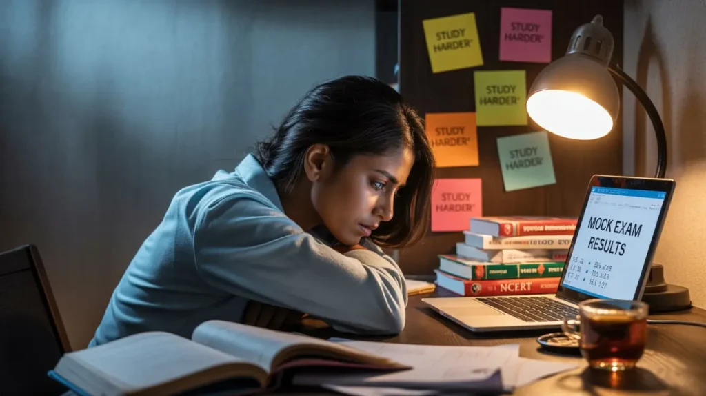 A tired Indian beautiful girl student hunched over a cluttered study desk late at night, surrounded by NCERT and coaching books, scattered sticky notes on the wall, an empty chai cup beside a glowing laptop showing a mock exam, under a harsh desk lamp—realistic style.