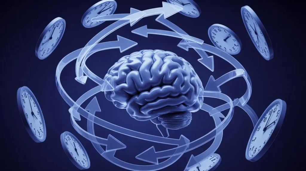 An abstract illustration of a brain caught in looping arrows and clock faces, symbolizing the mental whirlpool of procrastination.