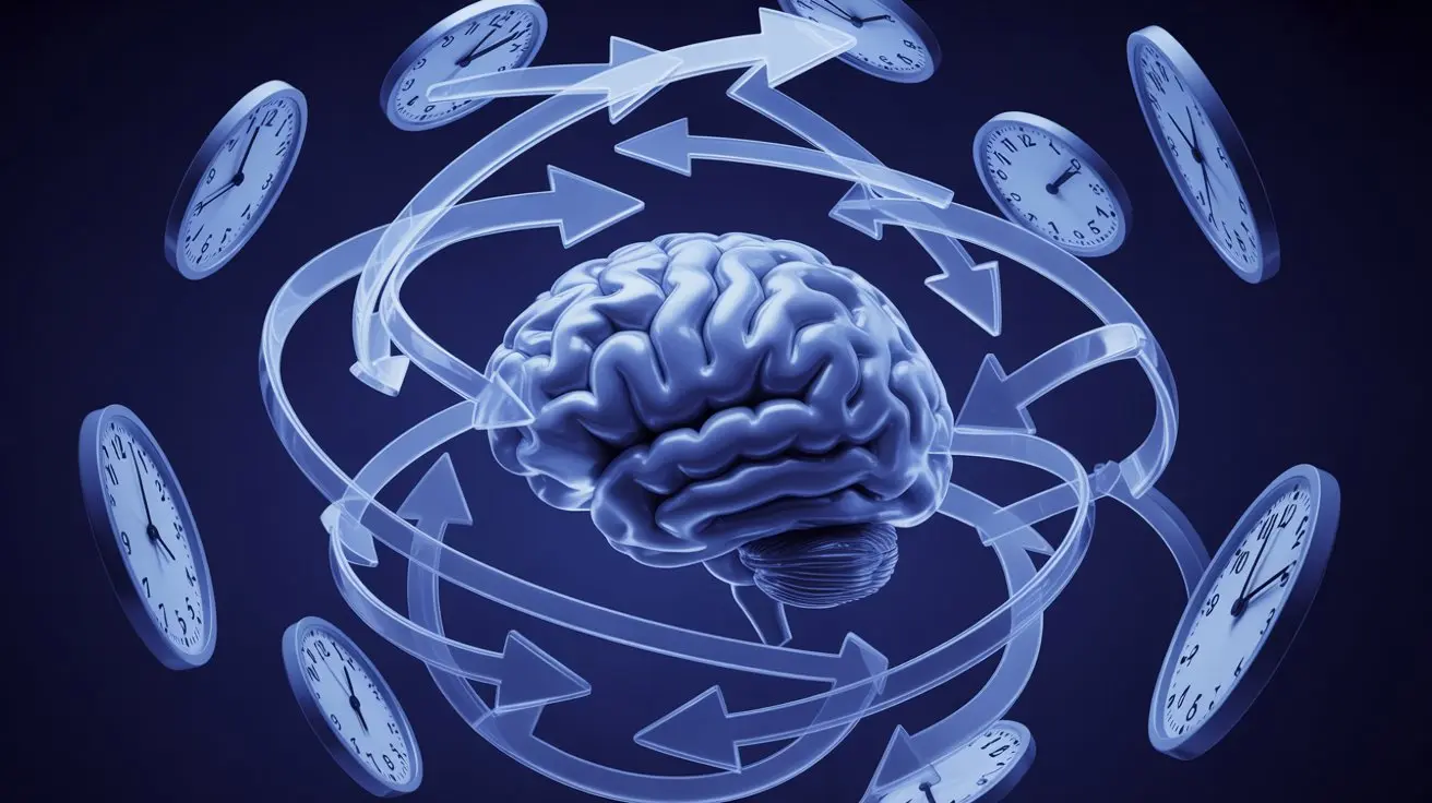 An abstract illustration of a brain caught in looping arrows and clock faces, symbolizing the mental whirlpool of procrastination.
